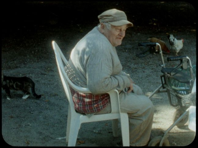 Willi sitzt auf dem Hof in einem weißen Plastikstuhl, vor ihm der Rollator, um ihn herum Hennen