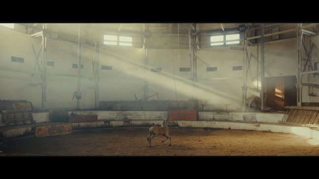 Circus Maximus heute, ein runder Raum mit zerstörten Holztafeln und abplatzender Farbe, eine Pferdefigur alleine auf dem Sandplatz