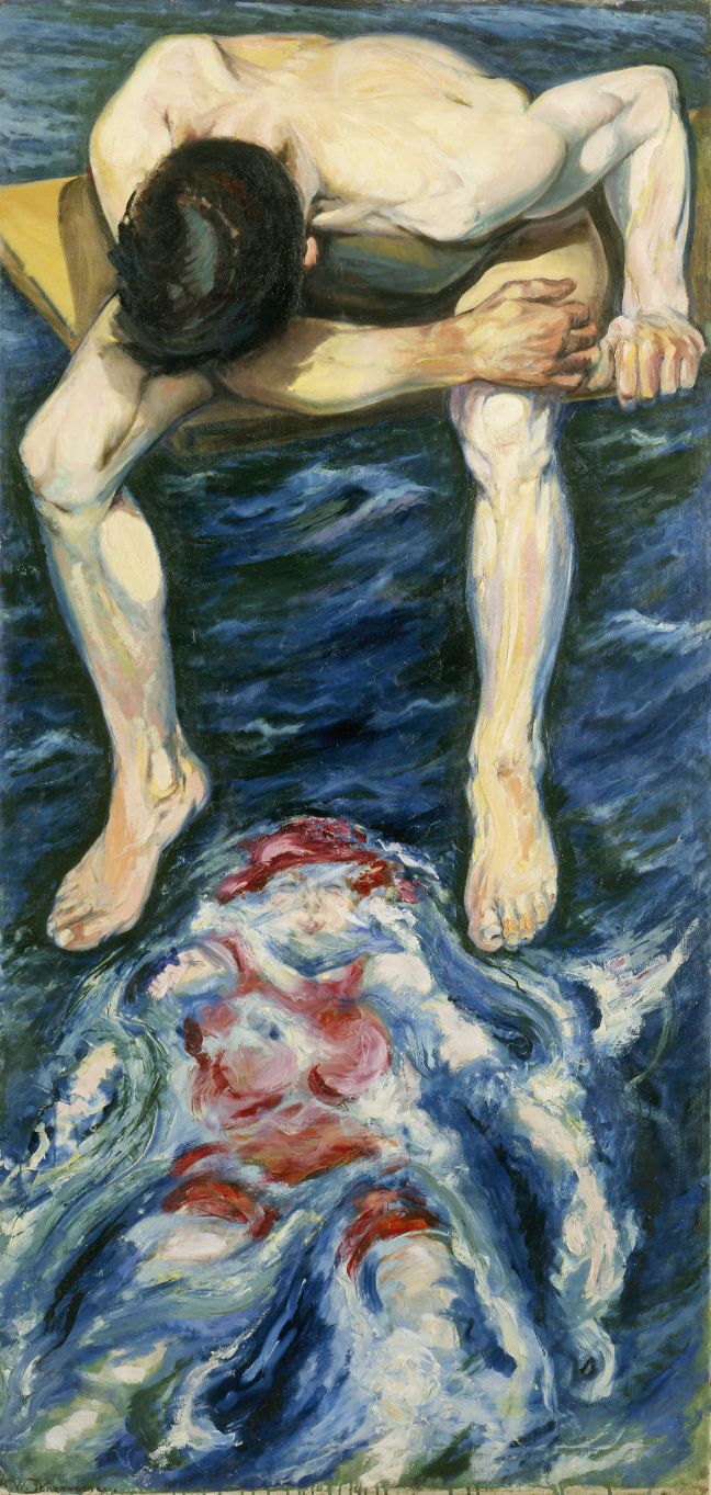 Gemälde „Man on a Diving Board" von Aksel Waldemar Johannessen (ein Mann betrachtet eine Frau unterhalb der Wasseroberfläche)