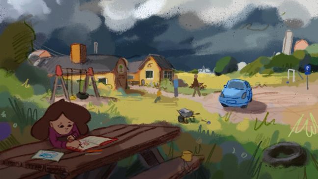 Anna malt draußen am Tisch, während mehrere Personen vor dem Haus gehen