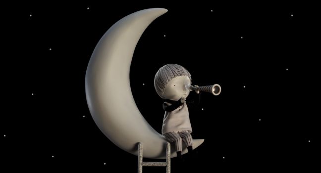 Junge auf dem Mond guckt durch ein Fernrohr