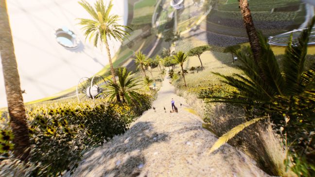 Eine Animation von einem steil abfallenden Schotterweg umgeben von Palmen und Sonnenblumen, auf dem Weg eine Frau mit verschränkten Armen in Lila