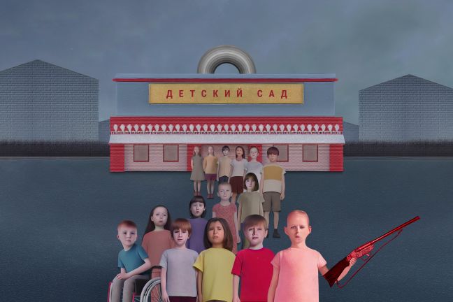 Eine Schlange von Kindern steht vor dem Kindergarten, das erste Kind hält ein rotesGewehr in der Hand, der Regenbogen auf dem Gebäude ist grau