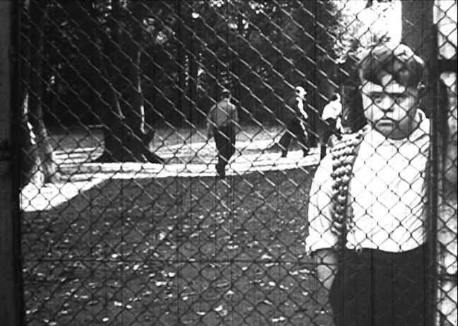 Ein Mann mit Down-Syndrom schaut durch einen Drahtgitterzaun, die Hände in den Hosentaschen