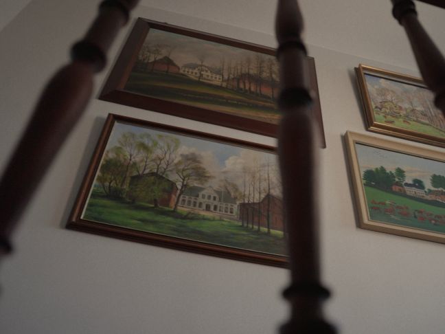 Blick durch die Sprossen der Treppe auf Gemälde des Hauses