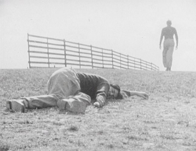 En Mensch liegt auf einer Wiese, im Hintergrund ein Zaun und eine zweite Person