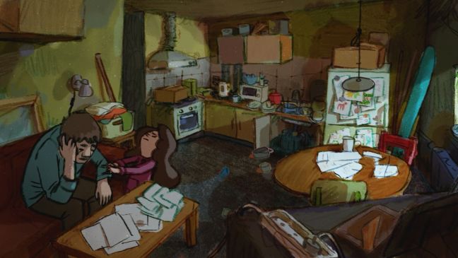 Im Haus zerrt Anna an ihrem Vater, dieser schenkt den Papieren auf dem Tisch die Aufmerksamkeit