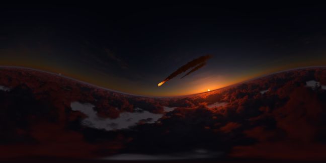 Über den Wolken stürzen brennende Kometen auf einen Planeten