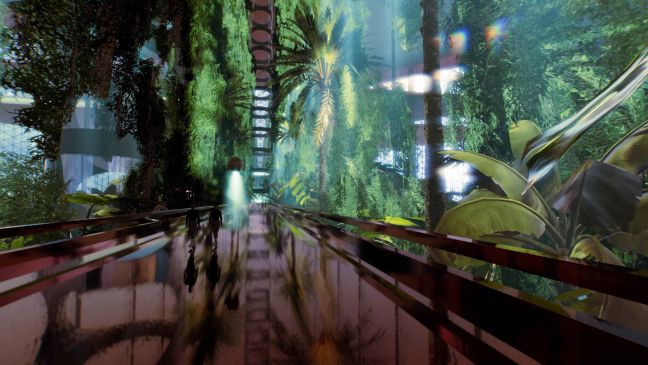 Eine glänzend-rote Brücke führt an tropischen Bäumen und Pflanzen vorbei, auf der Brücke zwei Menschen und eine fliegende Kugel, die leuchtet