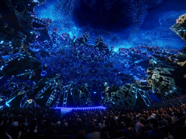 Strukturen aus Kreuzen formen abstrakte Gebilde, blau beleuchtet