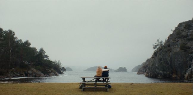 Zwei Menschen sitzen auf einer Bank auf einer Wiese, dem Wasser zugewandt, die linke Person schlägt den Arm um die rechte