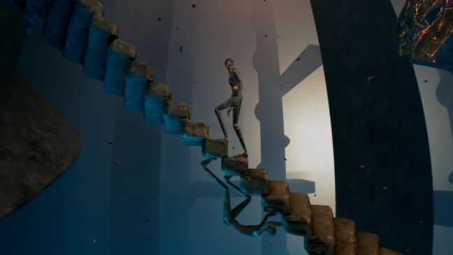 Ein Mensch geht auf einer Treppe, ein anderer hängt darunter