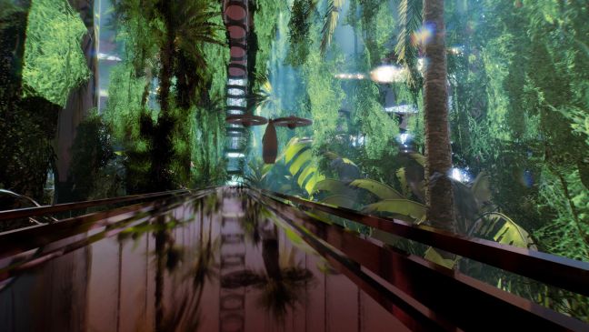 Eine Brücke mit einer fliegenden Drohnen inmitten einer Pflanzenwelt