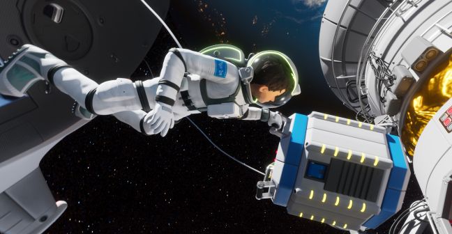 Tom arbeitet an der Außenseite der Weltraumstation