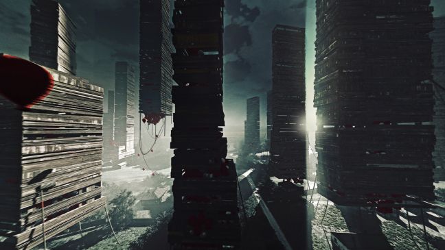 Holzbauten, die Hochäuser imitieren, fliegen davon und geben die Einfamilienhäuser darunter frei