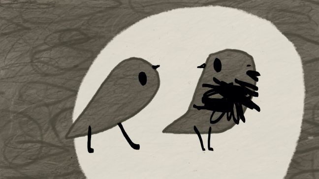Zwei vogelartige Figuren mit zwei Beinen schauen sich an
