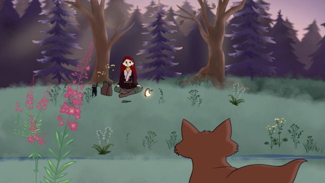 Nuupu sitzt mit der schwarzen Katze auf der Wiese, ein Wolf schaut sie an