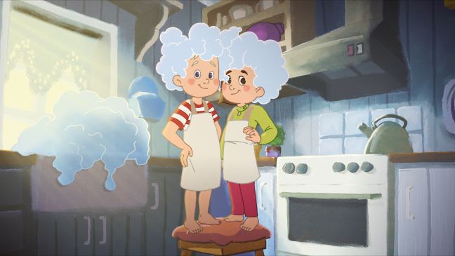 Lotte & Totte in der Küche, Becken voll mit Schaum, deren Haar voll mit Schaum perückenmäßig