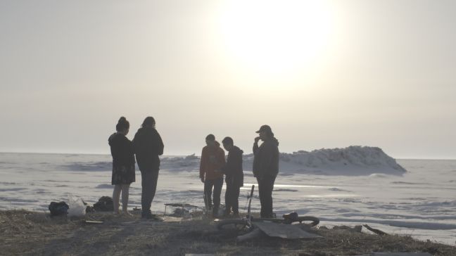 Menschen stehen am Rand einer Eiswüste und Grillen