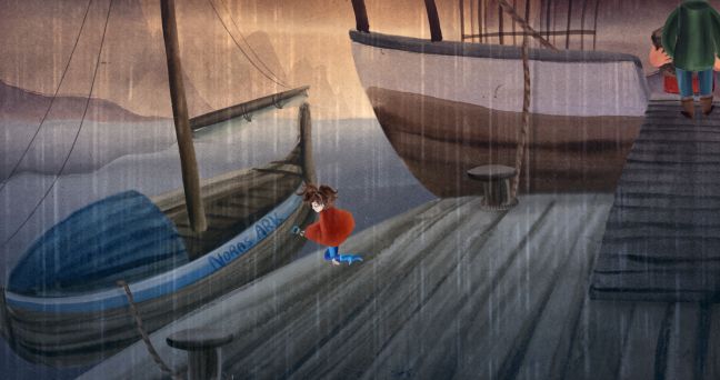 Nora bemalt ein Schiff mit dem Namen "Noras Ark"