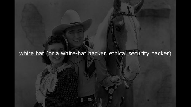 schwarz-weiß Bild eines Cowboys mit einer Frau und einem Pferd, im Vordergrund steht: white hat