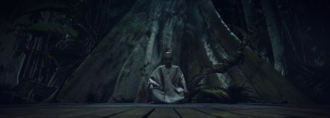 Mensch im Lotussitz vor riesigem Baum