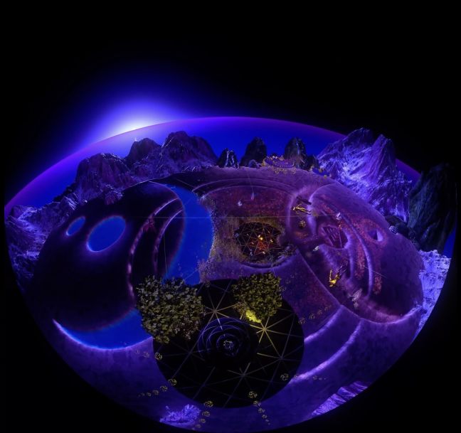 Ein Planet, hinter dem eine Sonne scheint, auf dem Planeten Gebirge, Bäume und Kreisformen