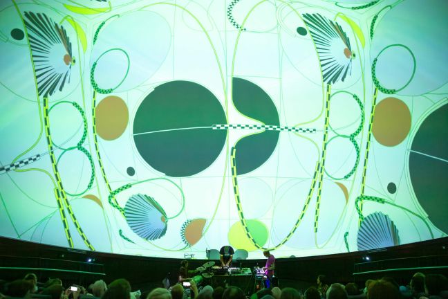 Saroos vor abstrakten Linien und Blüten