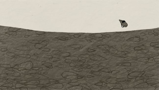 Eine der vogelartigen Figuren steht am Ufer und schaut auf das Wasser