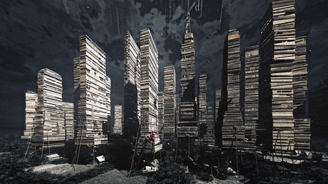 Über Häusern sind hohe Stapel an Holz montiert, die die New Yorker Skyline imitieren