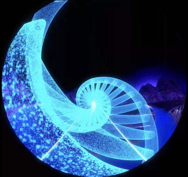 Eine cyan leuchtende Wendeltreppe