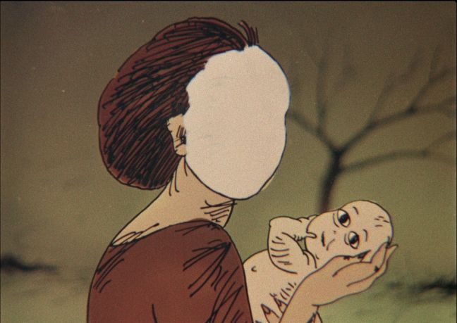 Eine Frau ohne Gesicht hält ein Baby