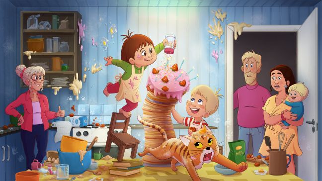 Lotte & Totte haben eine Torte gebacken; Küche ist ein Desaster, Oma lacht, Eltern sind geschockt