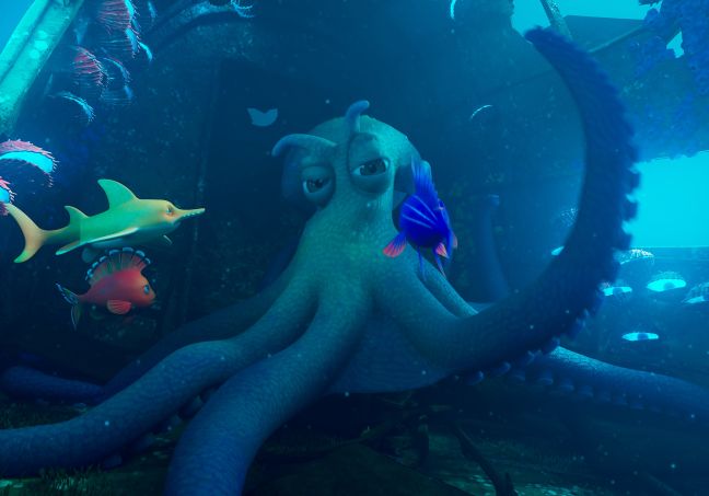 Ein großer Oktopus umringt von Shorty, Indigo und Jake