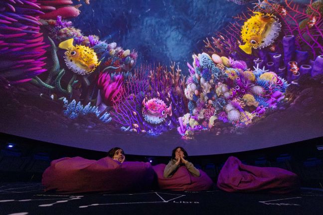 Kugelfische im Korallenriff, im Vordergrund zwei zuschauende Kinder im Planetarium