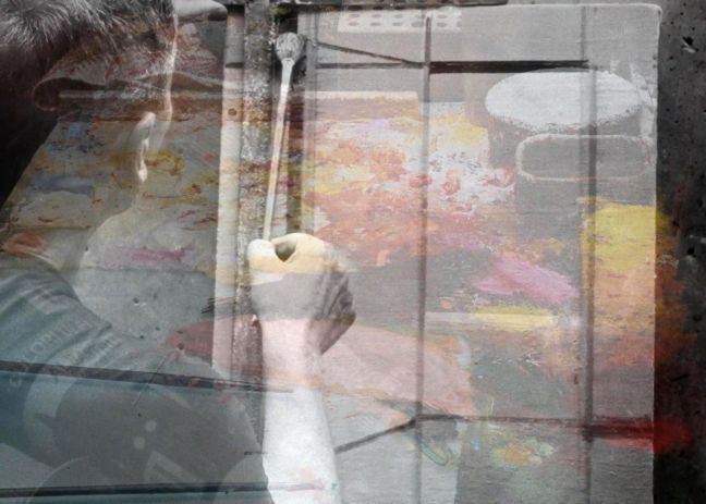 Collage von Robert Bosisio malend und einer Leinwand