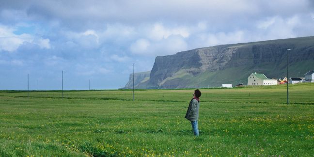 Karí ist mitten auf eine Wiese, guckt den Himmel an; im Hintergrund: Tafelberge