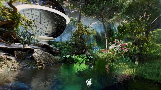 In einer Pflanzenvielfalt mit Gewässer steht eine gläserne Weltkugel mit Ring