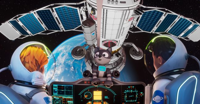 Tom und Stella mit ihrer Roboter-Katze im Cockpit