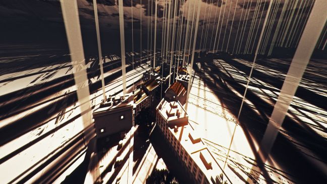 Senkrechte helle Streifen, die Schatten werfen Rahmen die Gebäude einer einzigen Straße