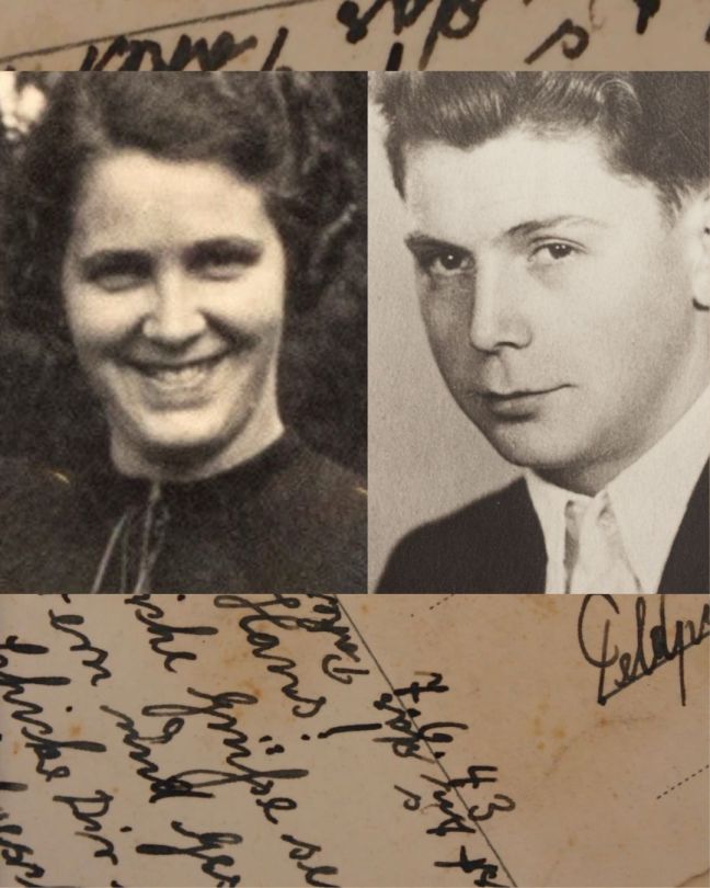 Die Portraits von Hans und Maria vor einer Postkarte