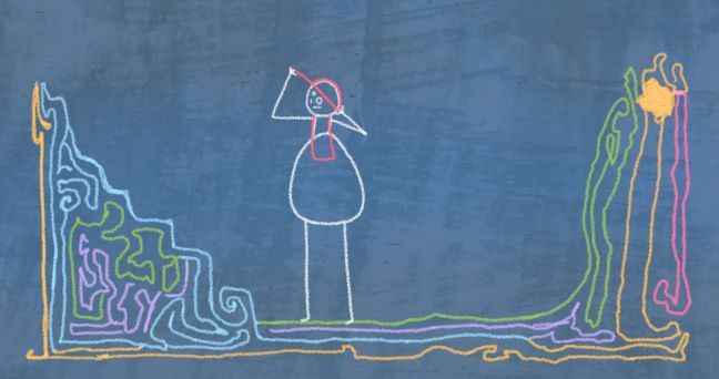 Figur mit Kappe in einem Strich-Gebilde