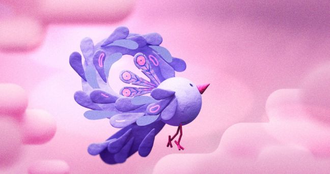 Ein lilafarbender Vogel formt mit seinen Federn einen Kreis und fliegt