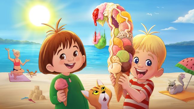 Am Strand; Oma macht Yoga, Lotte hat ein Kulgel Eis, Totte hat 100 Kugeln Eis