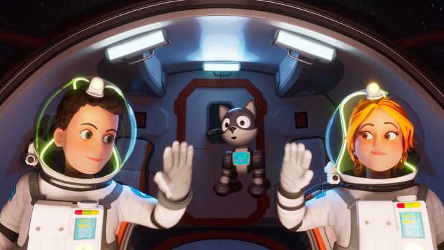 Tom und Stella high fiven im Spaceshuttle, Roboterkatze im Hintergrund
