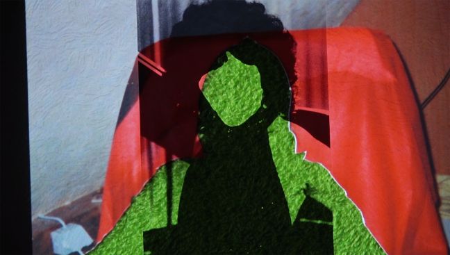 Eine Collage einer Person, wo die Haut ausgeschnitten und mit grüner Wolle ersetzt wurde