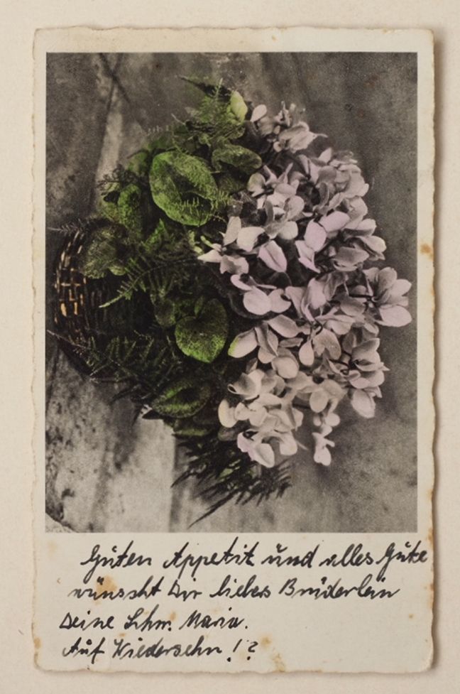 Eine Postkarte der Schwester Maria mit magentafarbenden Blumen