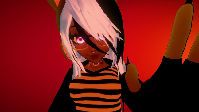 Avatar Tammy mit rotem Hintergrund hält die Hand in die Kamera