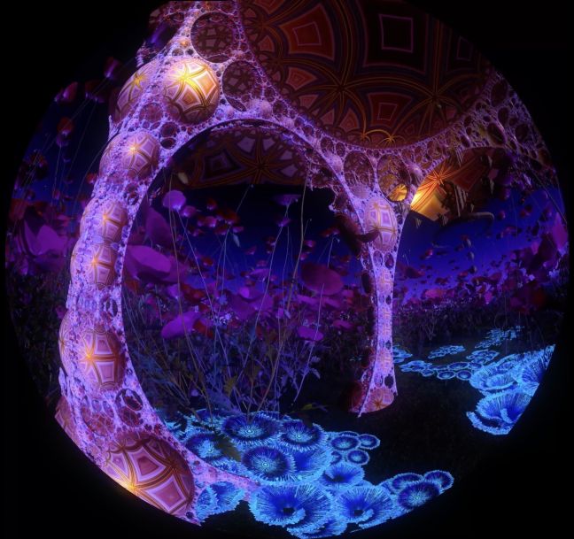 Leuchtende Säulen aus goldenen Bällen mit Mustern bilden einen Pavillon