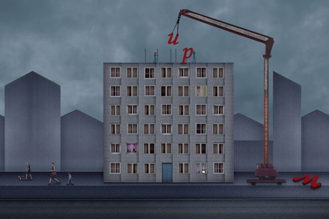 Arbeiter demontieren ein Schild mit „Frieden“ mithilfe eines Krans auf einem bewohnten sechsstöckigen Haus, Cut Out Animation